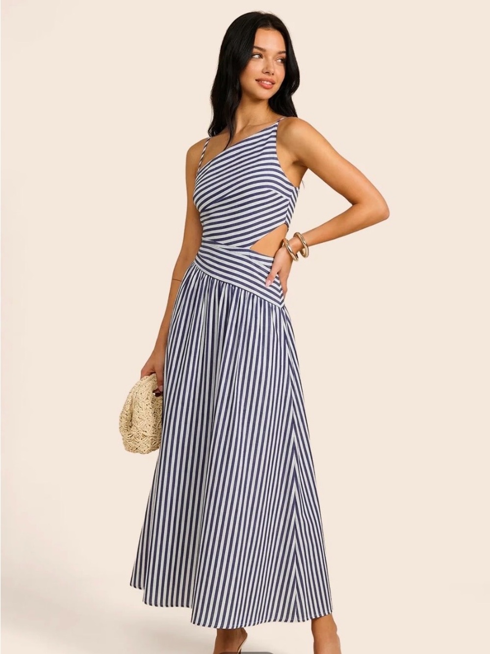 Commense Striped One-Shoulder Cutout Maxi Dress - Navy/White NWT
